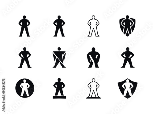 Confident stance. Icon set. Set Logo of Confident stance: grounded feet posture. harmonious logo variations of the same emblematic concept,