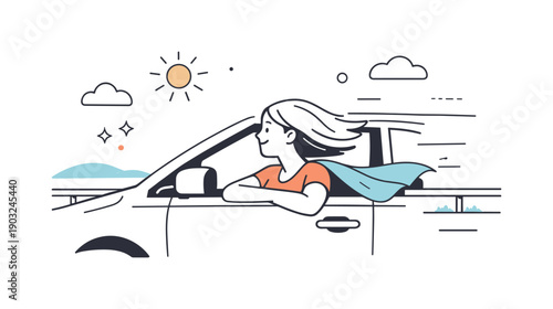 Road trips with windows down. Side view of a car cruising along a highway, hair and fabric gently moving in the breeze. Calm sense of motion