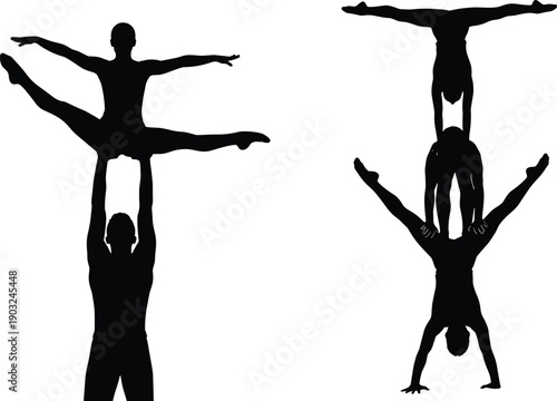 Professional Acrobat Silhouettes Vector Set Featuring Gymnastic Stunts Performance Balance Positions And Human Pyramid Shapes For Sports And Circus Graphic Design