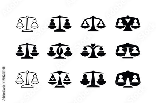 Relationship equality and mutual respect. Icon set. Set Logo of Relationship equality and mutual respect: balanced scales with two figures.