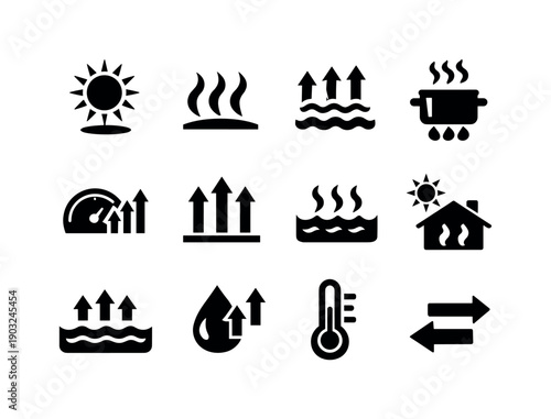 Heat and evaporation. Solid icon set of Heat and evaporation: sun rays, heat waves, warm air rising, heated water container, evaporation
