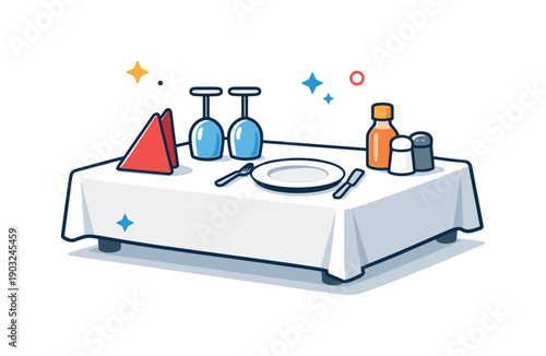 Tablecloth restaurant setting portrayed as a calm dining surface with crisp edges and soft shadows, communicating cleanliness, elegance, and