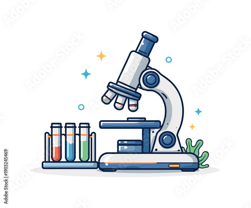 Scientific Research Icon. Laboratory microscope detailed yet simple microscope on a clean surface with a few test tubes nearby, conveying scientific research,