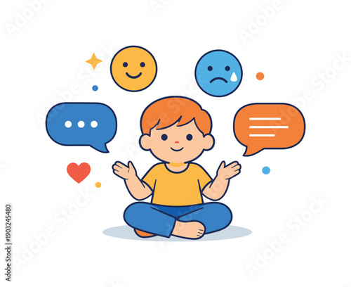 Child development playful interaction between child figure and simple icons of speech and emotion, symbolizing communication and social