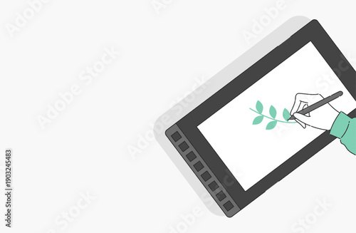液晶タブレットにイラストを描いている様子の手書き風イラスト