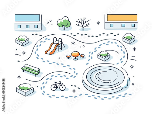 Snow play in urban courtyards. Abstract top-down view showing footprints, snow paths, and simple courtyard geometry. Quiet playful rhythm of