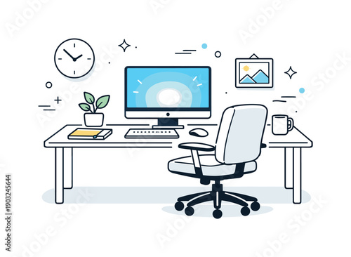 Empty Digital Workspace. Screens left unlocked. Desktop monitor glowing in an empty workspace, chair slightly pushed back. Pause between tasks, digital