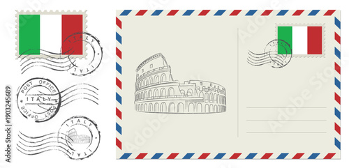 Blank post card with rubber stamp. Mockup realistic post card and postage stamp with Italy flag.