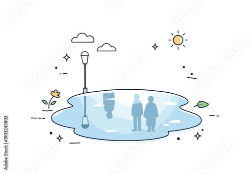 Reflections in spring puddles. Small puddle in an open street reflects light and faint human shapes. Minimal detail, seasonal softness,