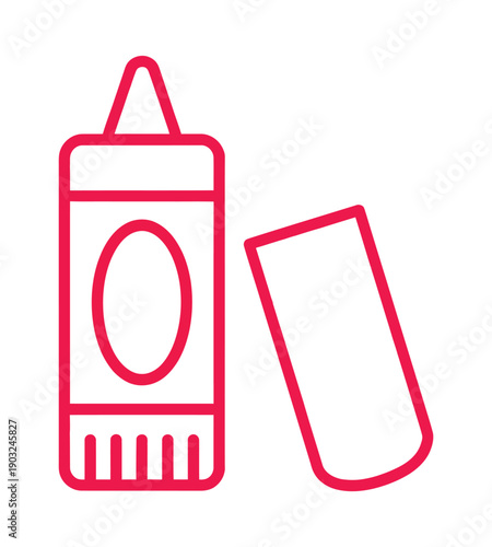 Red outline icon of an open glue stick with its cap lying beside it, representing crafting, school, and office stationery supplies.