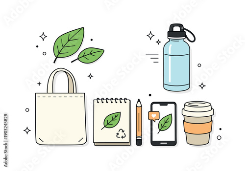 Sustainable daily routine flat lay. A top-view composition of eco items such as a water bottle, smartphone, plant leaves, and recycled paper,