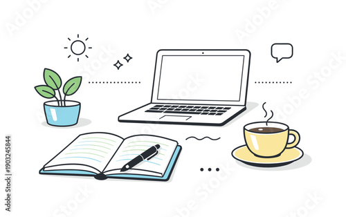 Short break at desk. Minimal workspace with notebook, plant, and coffee cup, laptop resting quietly in the background. Calm focus,