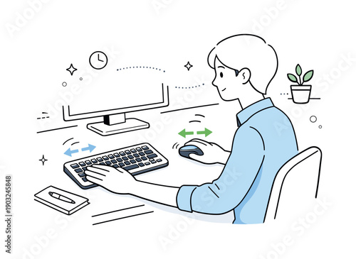 Desk ergonomics micro-adjustments. Office worker gently repositioning a keyboard and mouse, small arrows indicating fine-tuning. Focus on