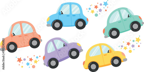 Cute colorful cartoon cars set with star trail effects side view illustration