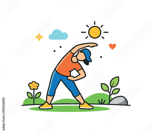 Spring fitness light outdoor workout scene with a person stretching among fresh greenery, conveying motivation, balance, and renewed energy