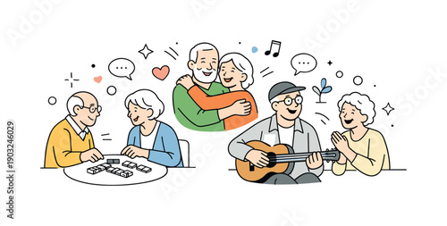 Social active seniors. Group of older adults spending time together, talking or sharing an activity. Connection, community, emotional