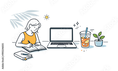 Calm professional focus in summer heat. Desk scene with laptop, notebook, iced drink, and minimal plant shadows cast by bright daylight.
