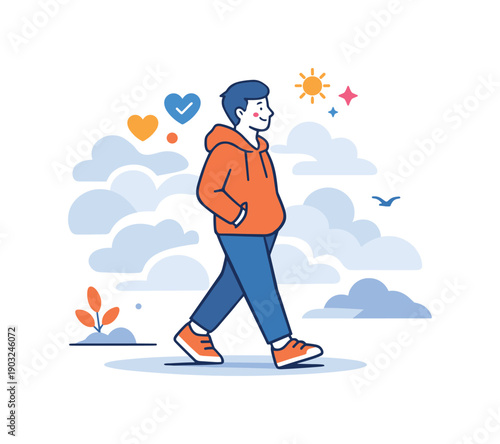 Taking foggy morning walks highlighting mental wellbeing with a relaxed posture and surrounding haze shapes. A modern metaphor of clearing