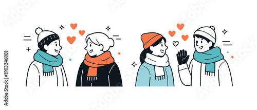 Winter Connection Scene. Winter kindness. People bundled up in scarves and coats, exchanging friendly looks while heart icons appear as small design accents.