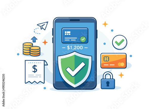 Fintech concept secure mobile banking moment with phone screen, shield symbol and clean financial icons, conveying safety, control and user