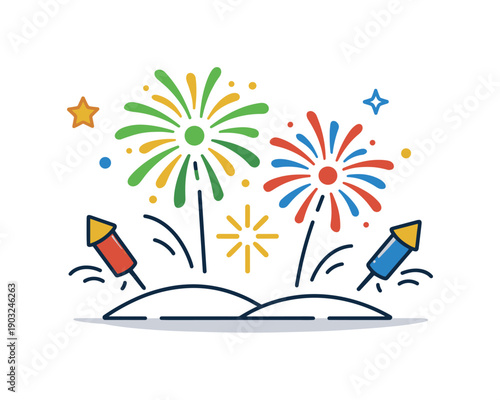 Spring fireworks celebration minimal holiday scene with fireworks, stars and soft motion details, creating an uplifting and optimistic