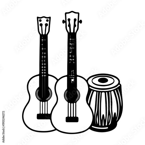 Musical instruments illustration featuring two acoustic guitars and a tabla; fusion of string and percussion instruments for music concepts.