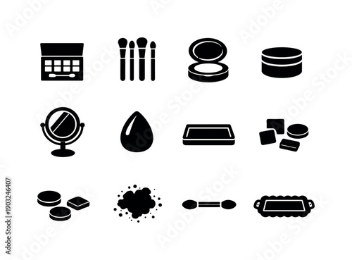 Makeup Flat Lay. Solid icon set of Makeup Flat Lay: eyeshadow palette, makeup brushes set, compact powder, cosmetic jar, mirror, sponge