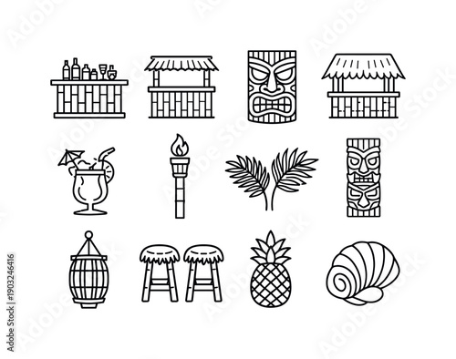 Tropical tiki bar setup and decoration. Line icon set of Tropical tiki bar setup and decoration: tiki bar counter, bamboo bar, tiki mask,