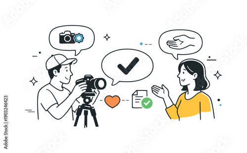 Responsible photo documentation. A photographer adjusting a camera while communicating calmly with a subject, emphasizing transparency and