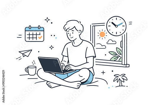 Flexible summer work schedules. Person working on a laptop near an open window with sunlight, light clothing and relaxed posture. Calm