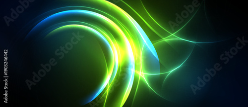 Abstract luminous curves blend, creating vibrant energy. Green, blue hues dominate dark background. Dynamic flow suggests movement, light.