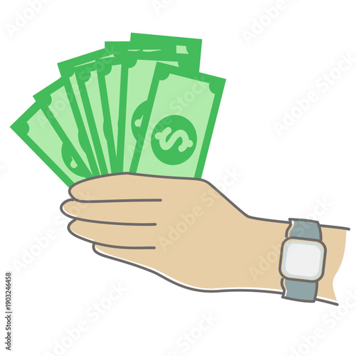 Illustration of a hand holding several banknotes, symbolizing payment, income, and financial transactions.