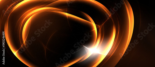 Abstract orange swirls, luminous center. Dark background creates dramatic visual effect. Brightness emphasizes flowing lines, energy.