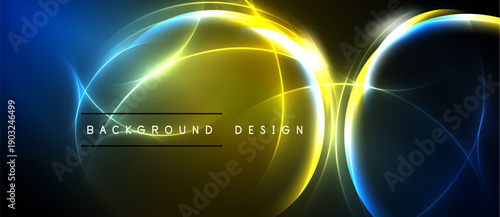 Abstract design features glowing curves, vibrant blue, yellow hues. Dark background enhances luminosity, creating dynamic visual effect.