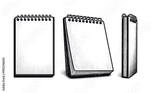 Office supply spiral notebook with visible binding shown in front view, angled three-quarter view, and narrow side view as one object set.
