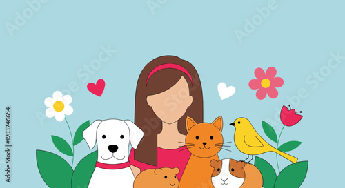 Mother with Pets and Flowers Illustration for Mother's Day