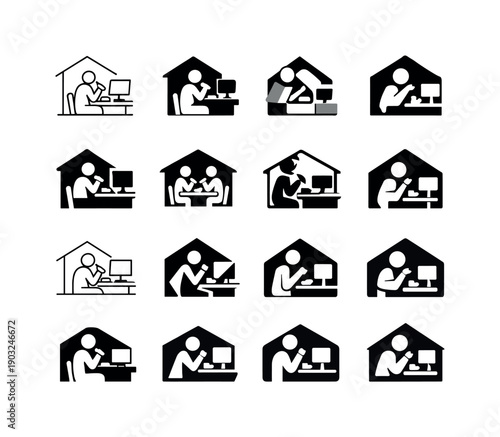 Having lunch during work hours at home. Icon set. Set Logo of Having lunch during work hours at home: person eating lunch at home desk.