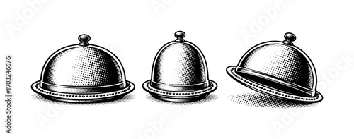 Covered serving platter with domed cloche shown from front view, side view, and three-quarter view as a single object set with realistic