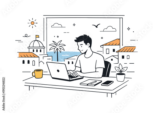 Digital Nomad Workspace. Remote work abroad. A digital nomad sitting at a desk near a window, laptop open, local buildings outside. Focused work and quiet city