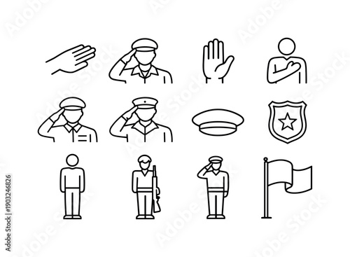 Salute Icon Set. Salute. Line icon set of Salute: hand salute, military salute, respect gesture, raised hand, honor pose, greeting salute, formal salute,