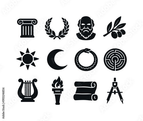 Ancient philosophy symbols. Solid icon set of Ancient philosophy symbols: Greek column, laurel wreath, Socratic bust, olive branch, sun