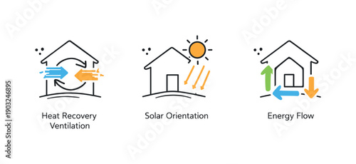 Energy-efficient home icons. Simple icons representing heat recovery ventilation, solar orientation, and energy flow arrows,