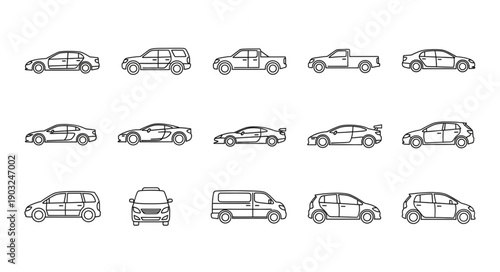 Collection of Hand Drawn Car Silhouettes in Various Styles.