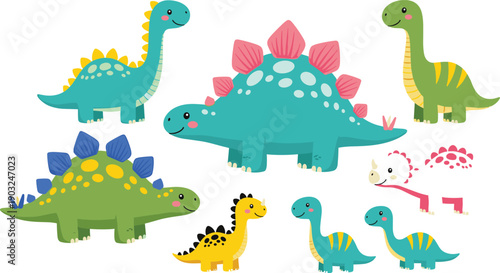 Cute dinosaur family collection with stegosaurus long neck baby dinosaurs and colorful prehistoric reptiles isolated on white background cartoon vector illustration set