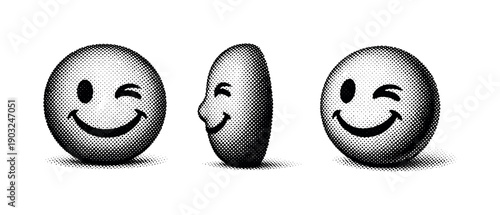 Smiley face with wink expression icon object shown in three views including front view, side view, and angled view highlighting asymmetrical