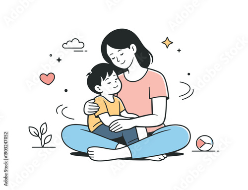 Mother and child bonding. A mother gently sitting with her child, calm posture and warm interaction. The scene shows care, trust, and