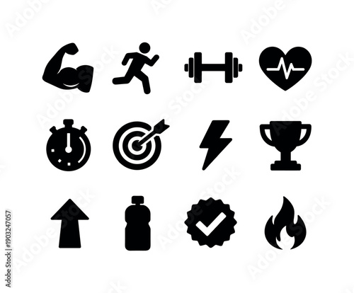 Fitness Motivation. Solid icon set of Fitness Motivation: flexed biceps, running person, dumbbell, heart rate, stopwatch, target goal,
