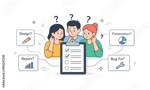 Unclear responsibilities in a team. Several people look at the same checklist while other tasks remain unassigned nearby. Editorial scene