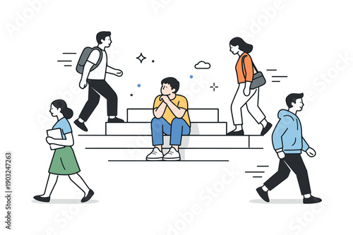 Staircase Pause and Movement. People on staircases. A person sits on the steps resting, while others pass by quietly. Mood of pause versus movement, gentle