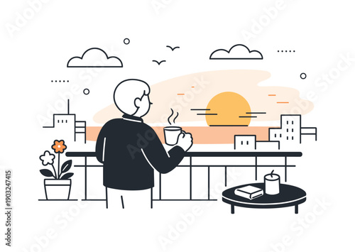 Spring Balcony Serenity. City balcony sunset moment in spring. Person leaning on a railing with a cup, warm colors in the sky, peaceful end-of-day ritual and